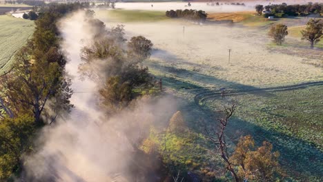 drone footage captures a dirt road lined with trees, morning sunlight, and drifting dust clouds across green farmland near tamworth, new south wales