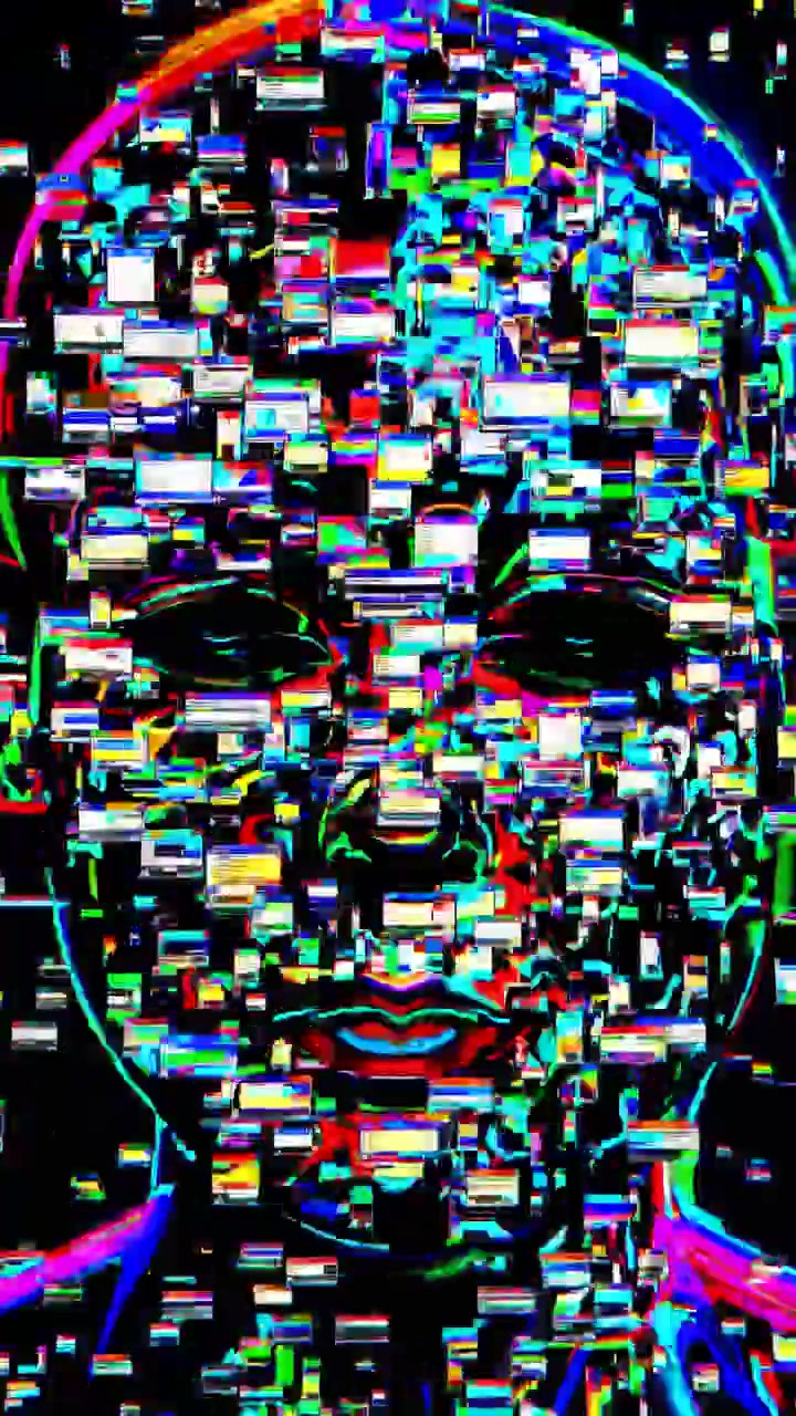 Volto digitale vibrante con effetto glitch e dati pixelati