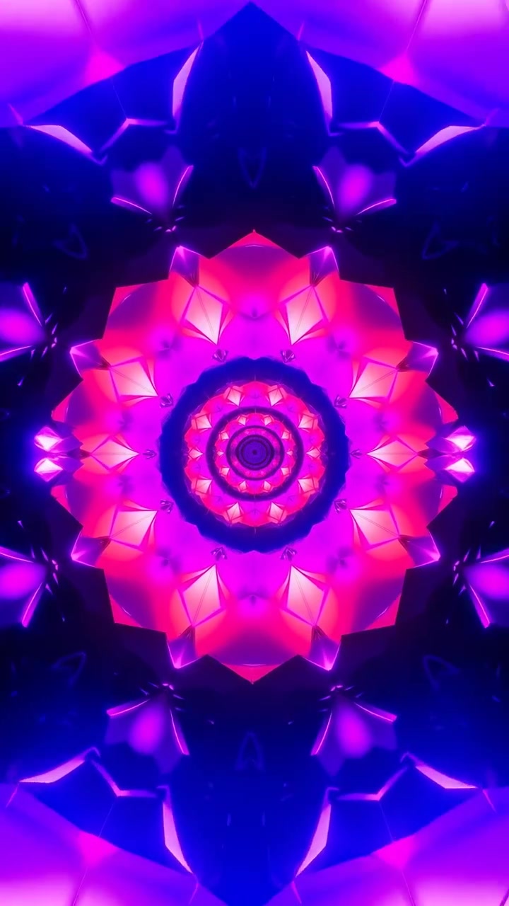 Mandala frontale simmetrico costruito da anelli concentrici sfaccettati e piani poligonali specchiati, che brilla con intensi accenti di bordo magenta neon, viola e blu, creando una vibrante profondità futuristica.