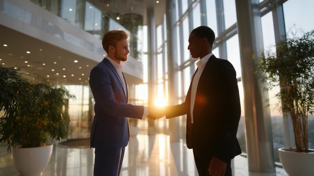 Businessmen shaking hands in modern office building