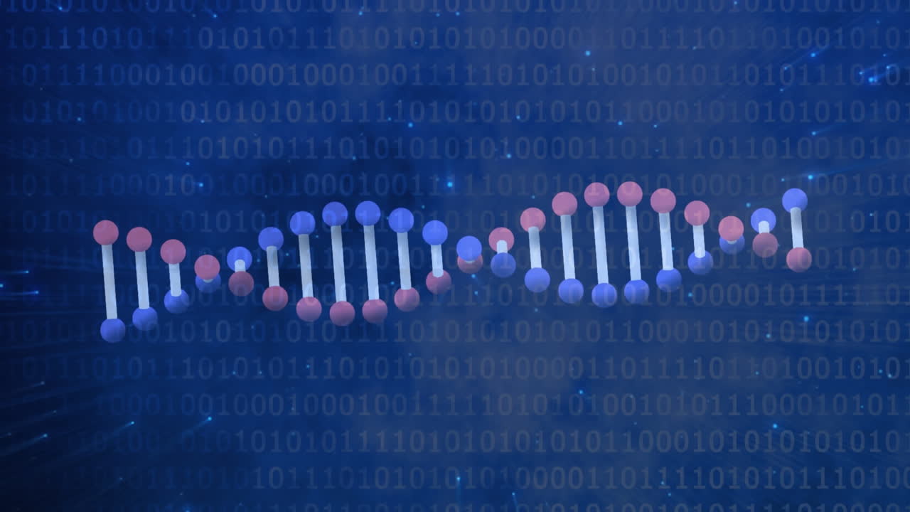 animación de la cadena de adn y las manchas sobre la codificación binaria