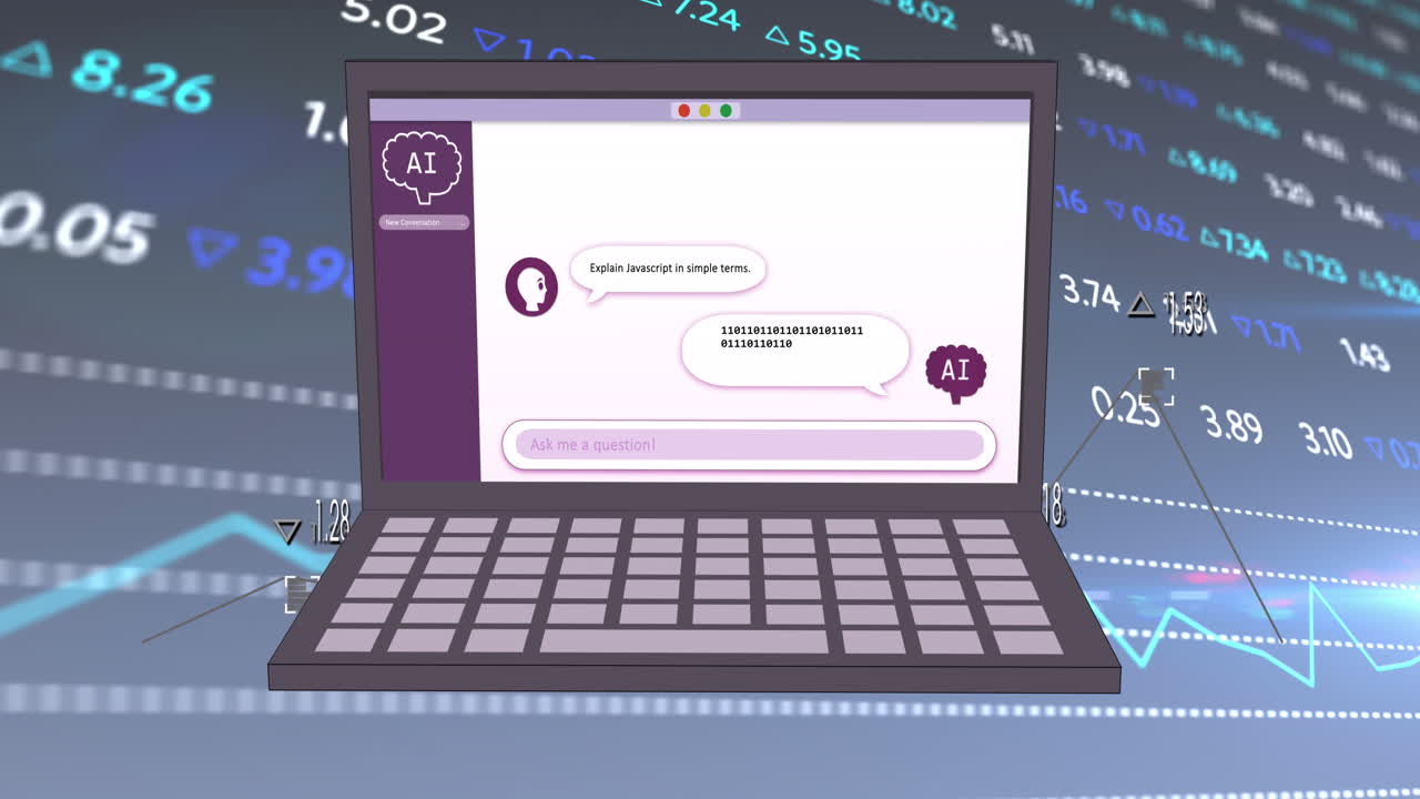 Animation of ai data processing, chat, statistics and icons over laptop screen