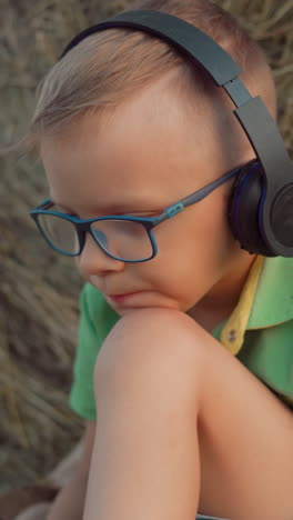 niño con auriculares y gafas profundamente inmerso en la música, apoyando su cabeza en su rodilla, con una vasta tierra de cultivo que se extiende en el fondo