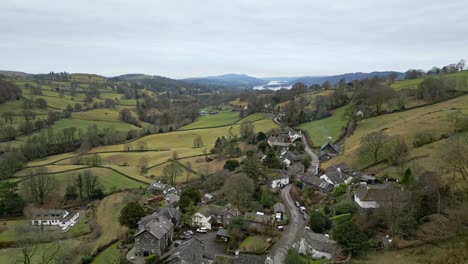 cinematic aerial landscape footage of the small village of troutbeck is a village and former civil parish, now in the parish of lakes, in south lakeland district in cumbria, england