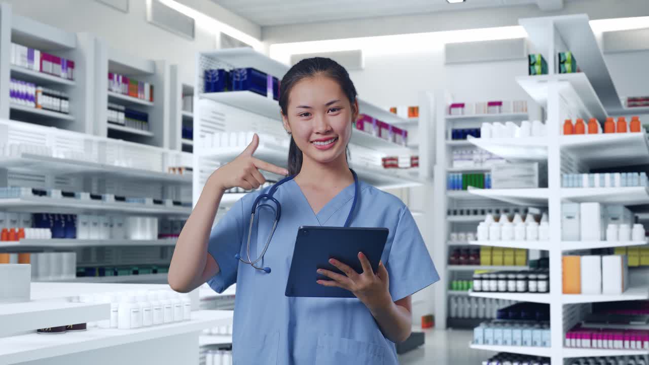 약국 에 서 있는 동안 손 에 태블릿 을 가리키는 스테토스코프 를 들고 있는 아시아 여성 의사