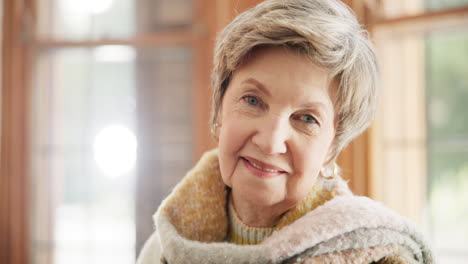 happy, home and portrait of senior woman relax