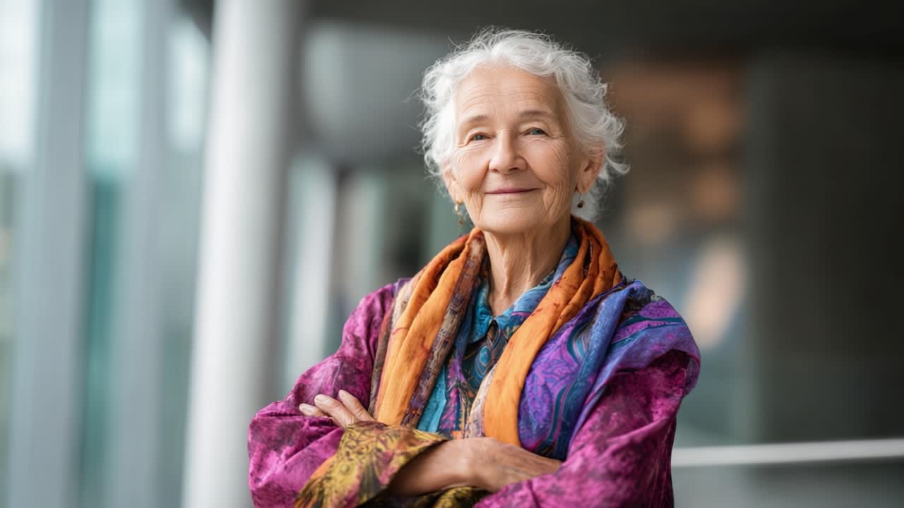 Una mujer mayor segura de sí misma, con una vestimenta de colores vivos, sonríe cálidamente y muestra su amor por la vida y la sabiduría de los años, enmarcada en un telón de fondo moderno y diáfano de colores suaves.