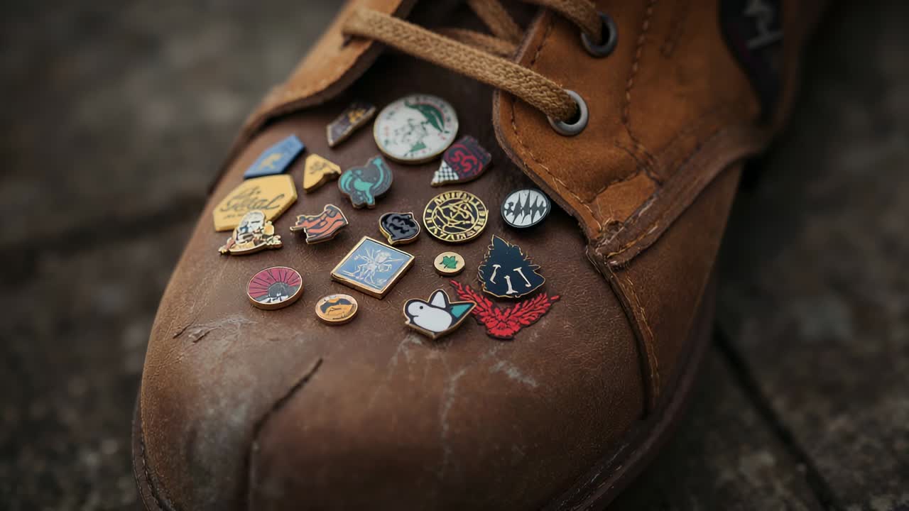 Pulling back camera revealing worn brown leather boot on paved ground, highlighting enamel pins