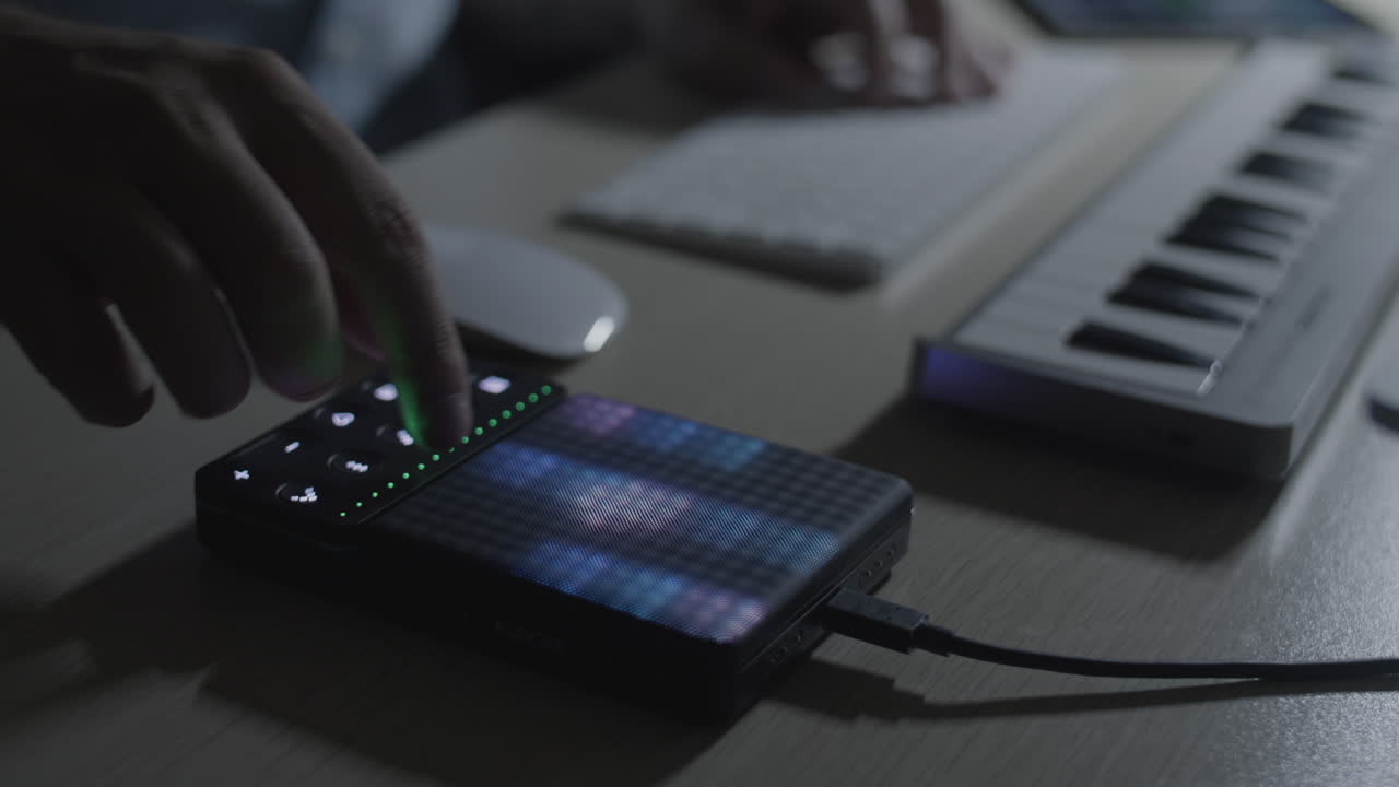 DJ Producer musician sets up the drum pad and create a drum beat