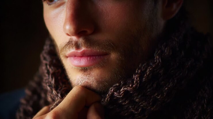 A Close-Up Reflection of Thoughtfulness and Style: A Man Draped in a Cozy, Textured Scarf Ponders Deeply in the Warm Glow of Dim Lighting, Capturing Both Emotion and Fashion in a Simple Yet Striking Portrait