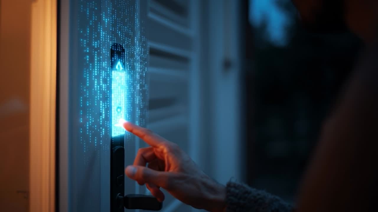 Smart door lock illuminated at dusk with a hand about to tap