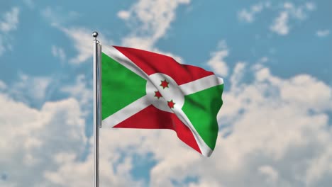 Burundi-flagge,-Die-Im-Realistischen-4k-video-Des-Blauen-Himmels-Weht