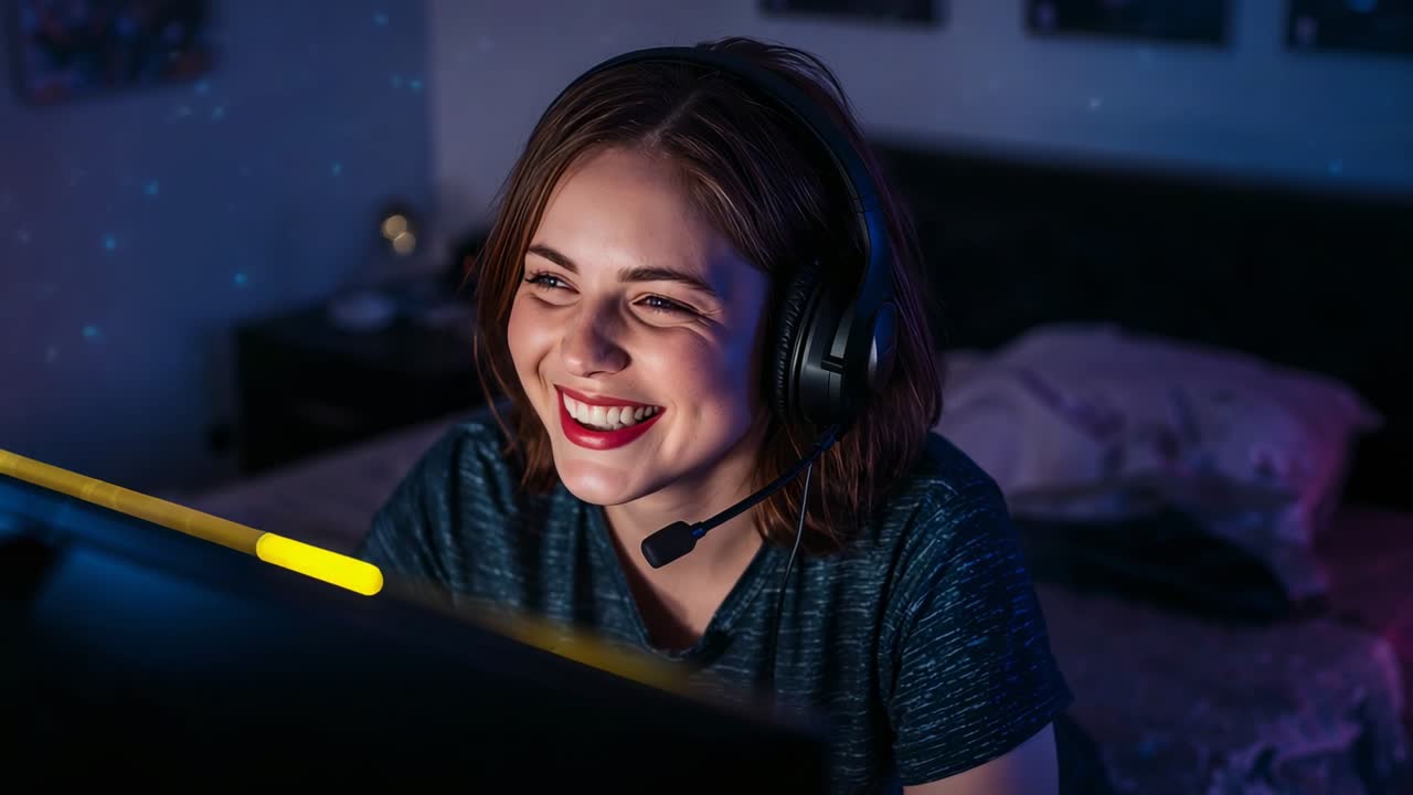 Reagendo al cambiamento di luce RGB sul monitor, donna con cuffie sorride e ride alla scrivania in camera da letto