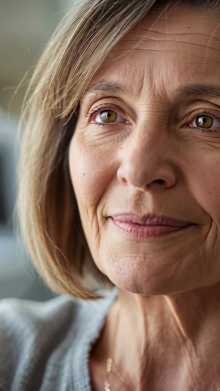 Vertical video: Hearing off-camera voice, senior woman shifting gaze and smiling at home, gray knit