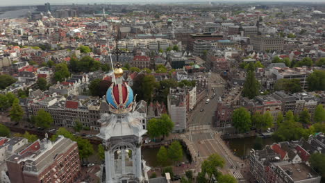 Beautiful-Red-and-Blue-Church-Top-in-Amsterdam,-Circling-Aerial