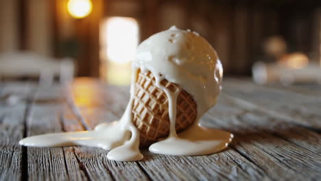 melted ice cream cone on a wooden table