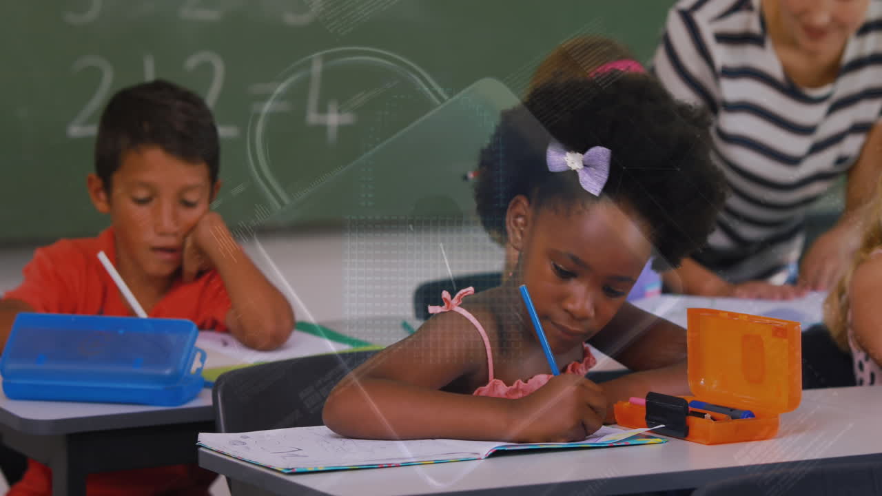 Animation of data processing and padlock over caucasian female teacher with diverse schoolchildren