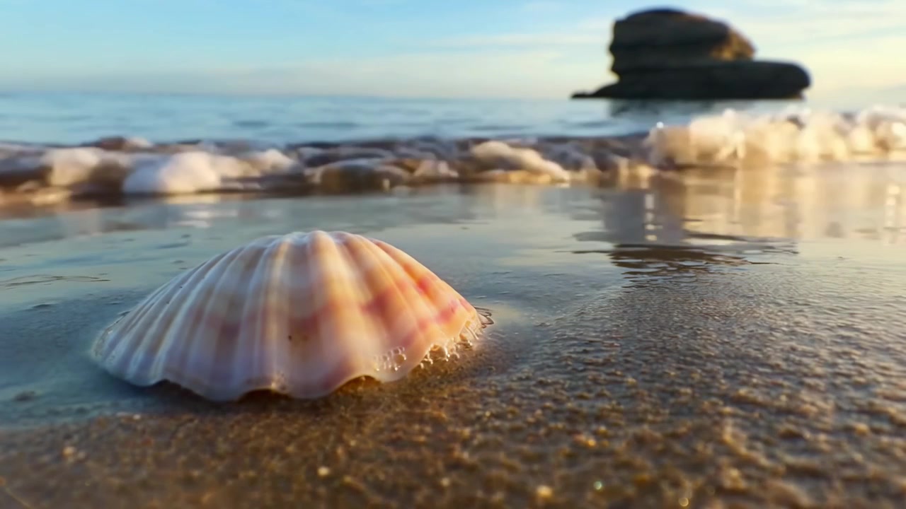 Seashell on Sandy Beach with Gentle Ocean Waves at Golden Hour