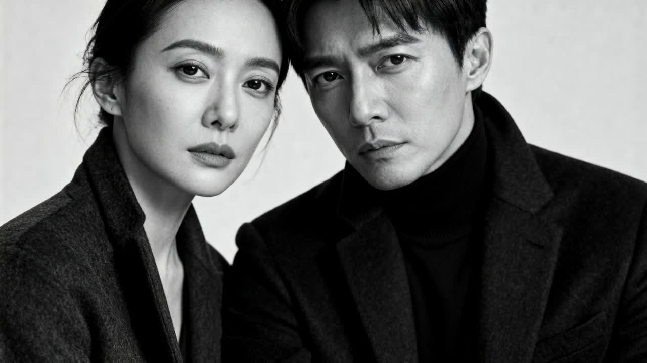 카메라 시작, 스튜디오에서 어두운 코트를 입은 아시아인 커플이 회색 배경 앞에서 미세하게 머리를 움직이며 포즈를 취하고 있다.