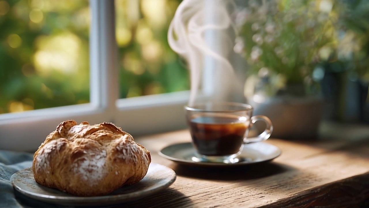 Frisch gebackenes Brot und dampfender Kaffee an einem sonnigen Fenster.