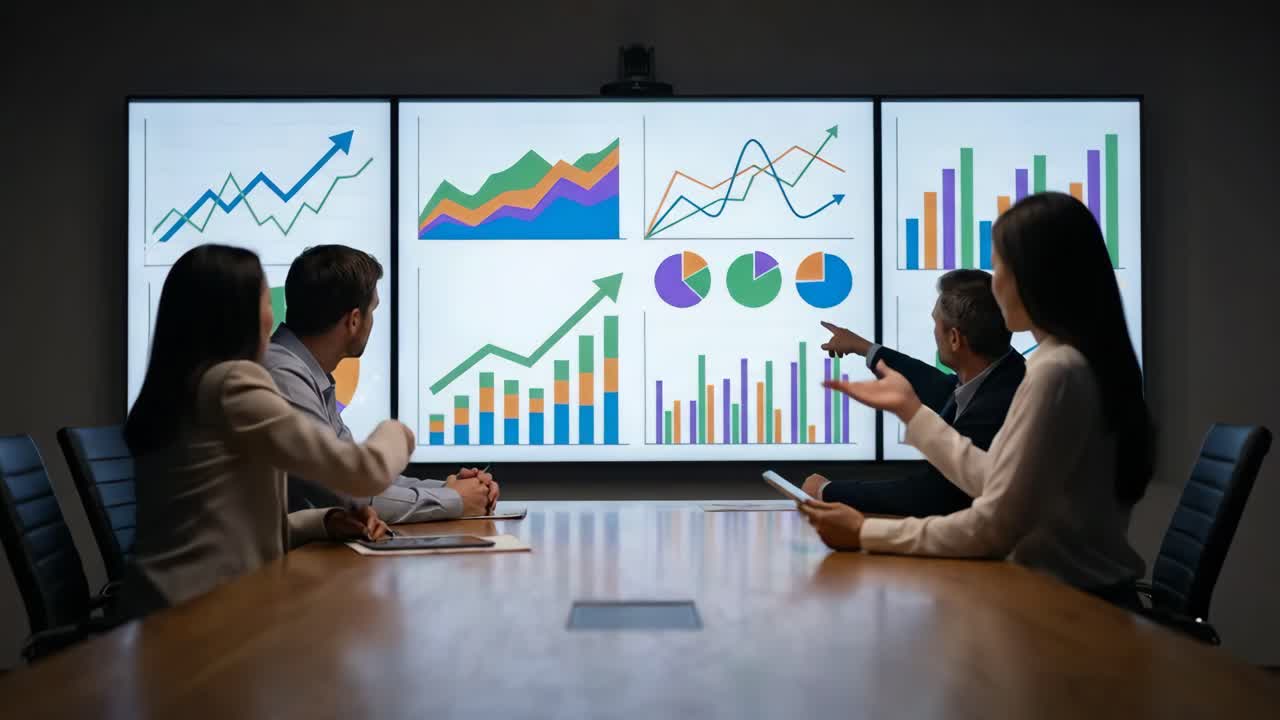 Business-team diskuterer data og diagrammer på store skjermer i møte