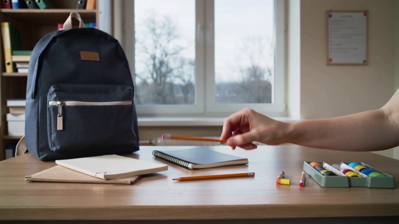 Entering right, hand picking up pencil at desk by window, in short sleeve preparing to study