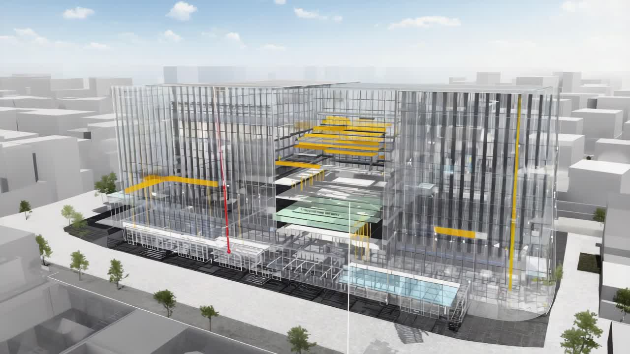 Architectural Rendering of a Modern Transparent Building in an Urban Setting