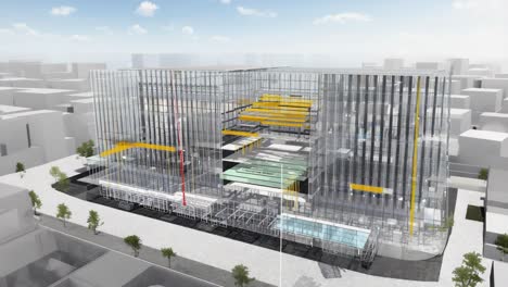 architectural rendering of a modern transparent building in an urban setting