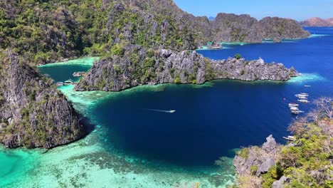 aerial view of twin lagoon in coron, philippines featuring dramatic limestone cliffs, lush greenery, and vibrant turquoise and deep blue waters under a clear tropical sky