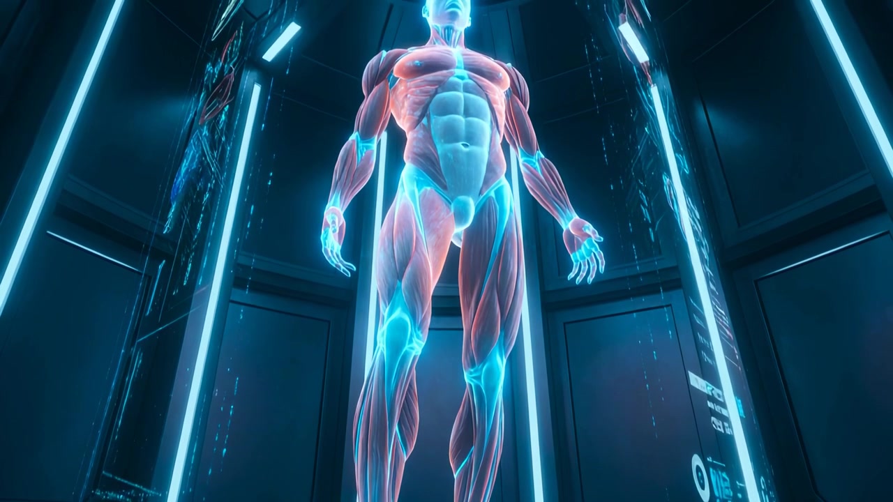 Scanner starting camera rising showing 3D male model standing in scan chamber for diagnostic scan