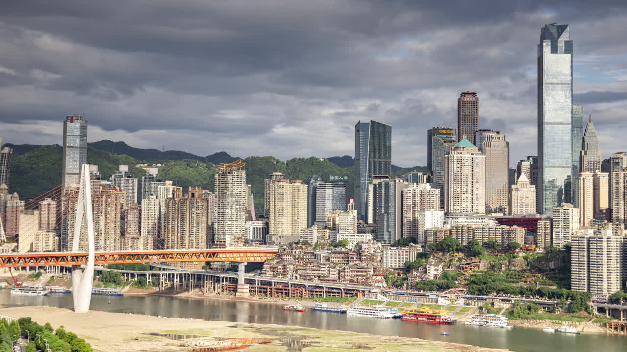 Timelapse of the amazing Chongqing cyberpunk city skyline reflected in a pool at night