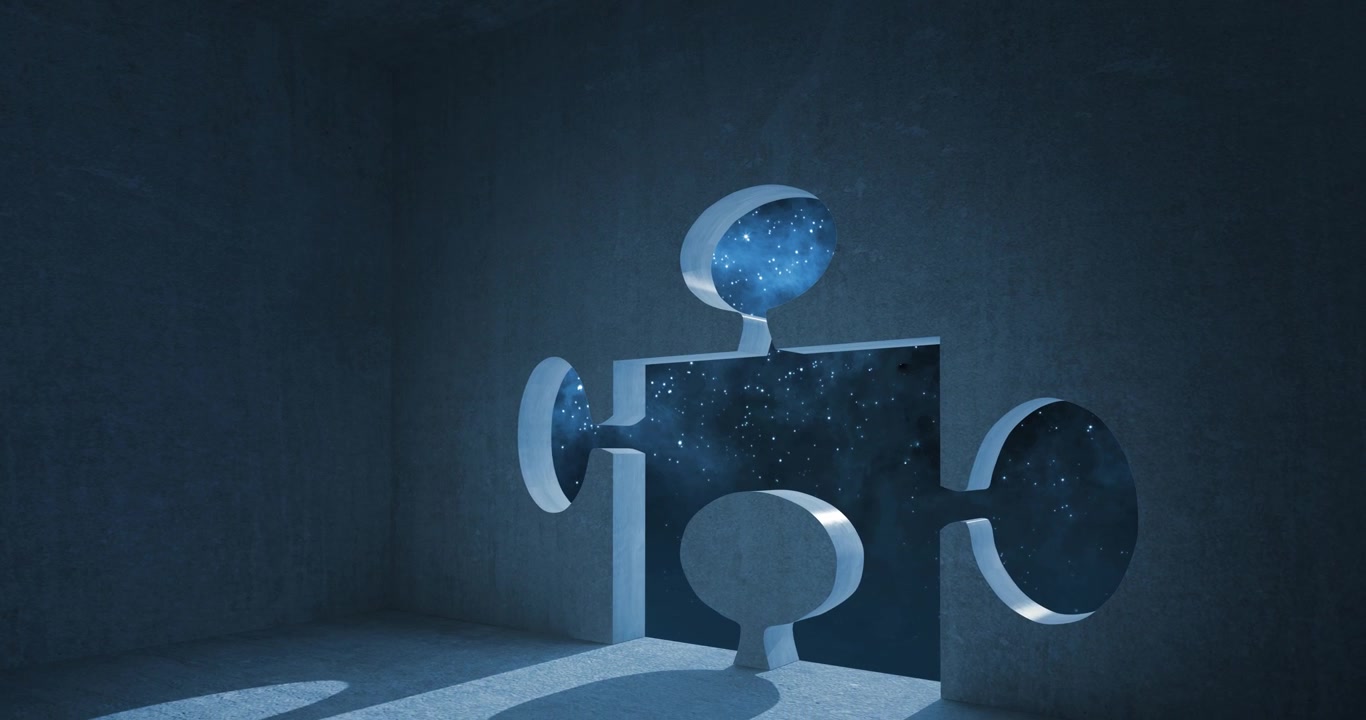 Animazione di un pezzo di puzzle blu nello spazio