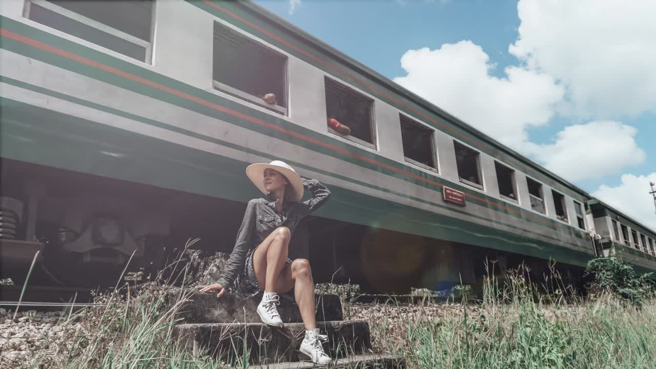 mujer joven y tailandia tren en movimiento. película en bucle. cinemagraph
