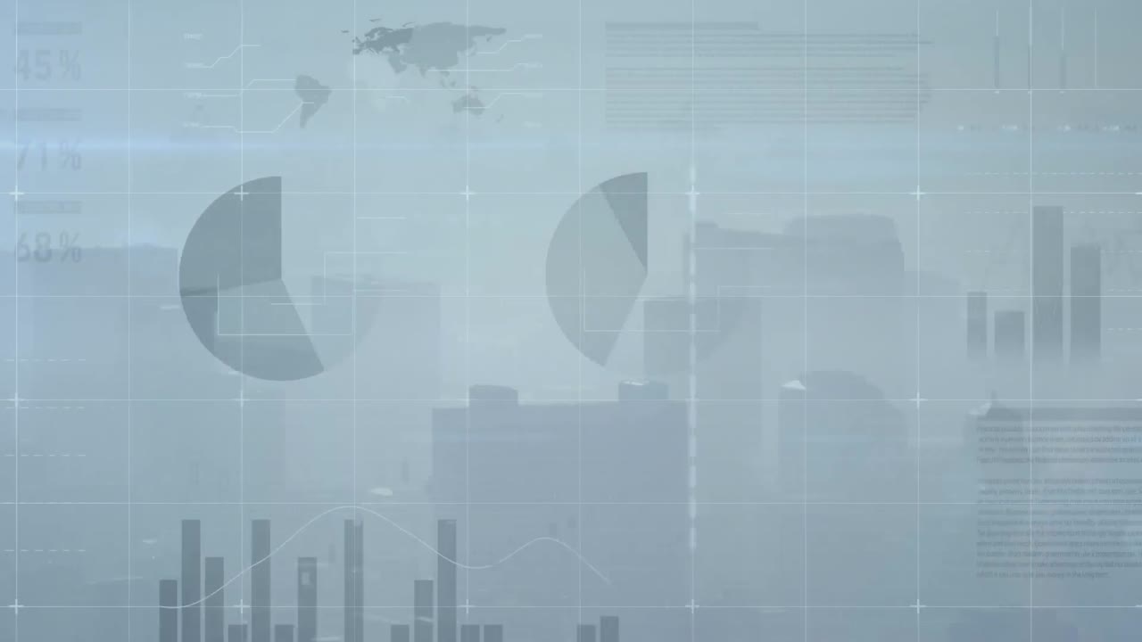 Animation of infographic interface over aerial view of fog covered modern city against sky