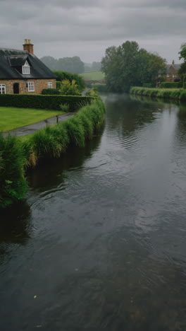 rural english village by a river on a cloudy day