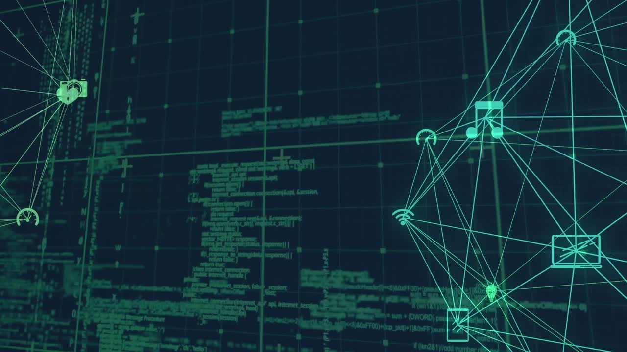 Animation of data processing, network of connections with icons globes and grid