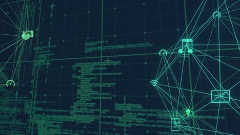 animación del procesamiento de datos, red de conexiones con iconos globos y cuadrícula