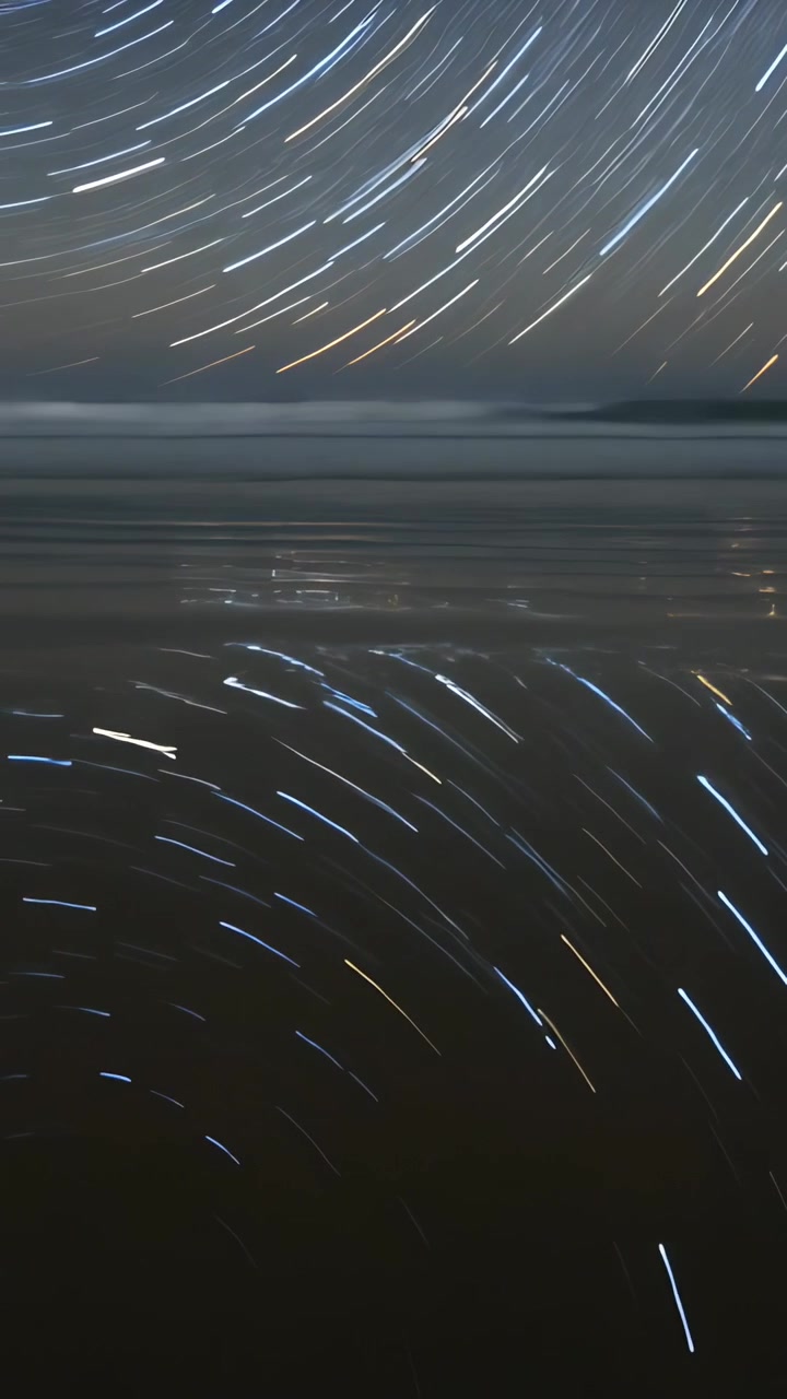 縦型動画：タイムラプスで、夜の海岸線に星の軌跡が円を描き、濡れた砂に反射する