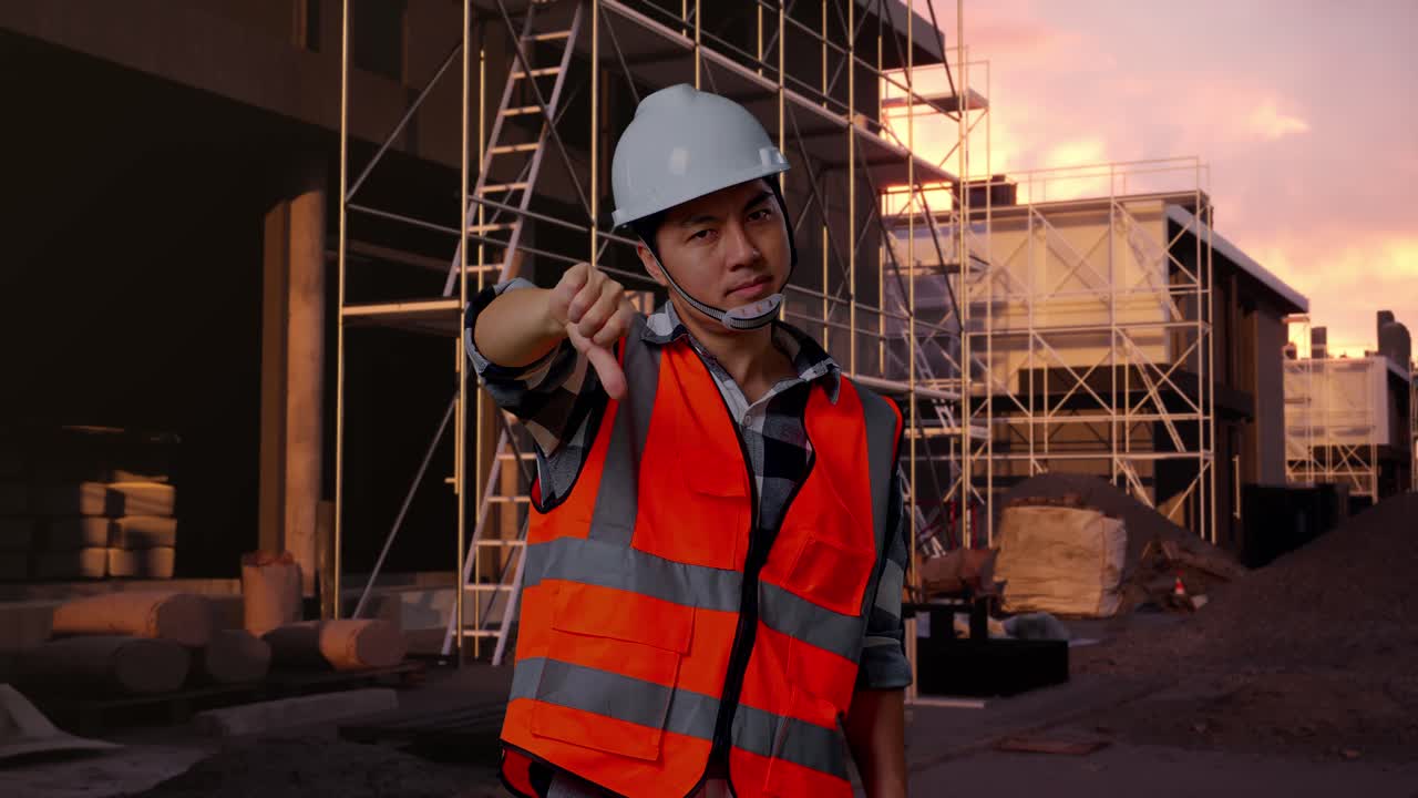 Construction Worker Giving Thumbs Down Gesture at Sunset
