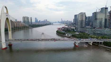 peak hour traffic as drone surveys hua nan bridge in guangzhou china