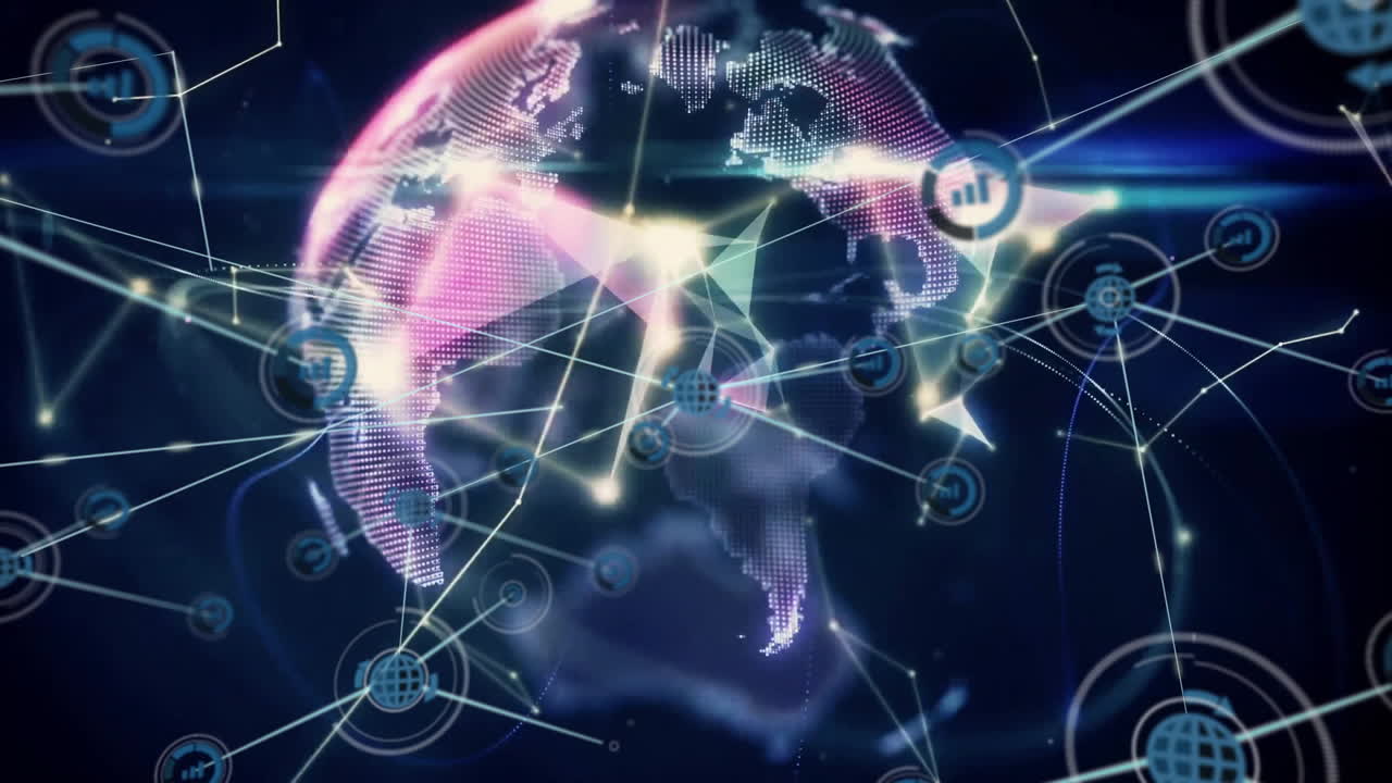 animación de la red de conexiones con iconos de globo sobre globo en fondo oscuro