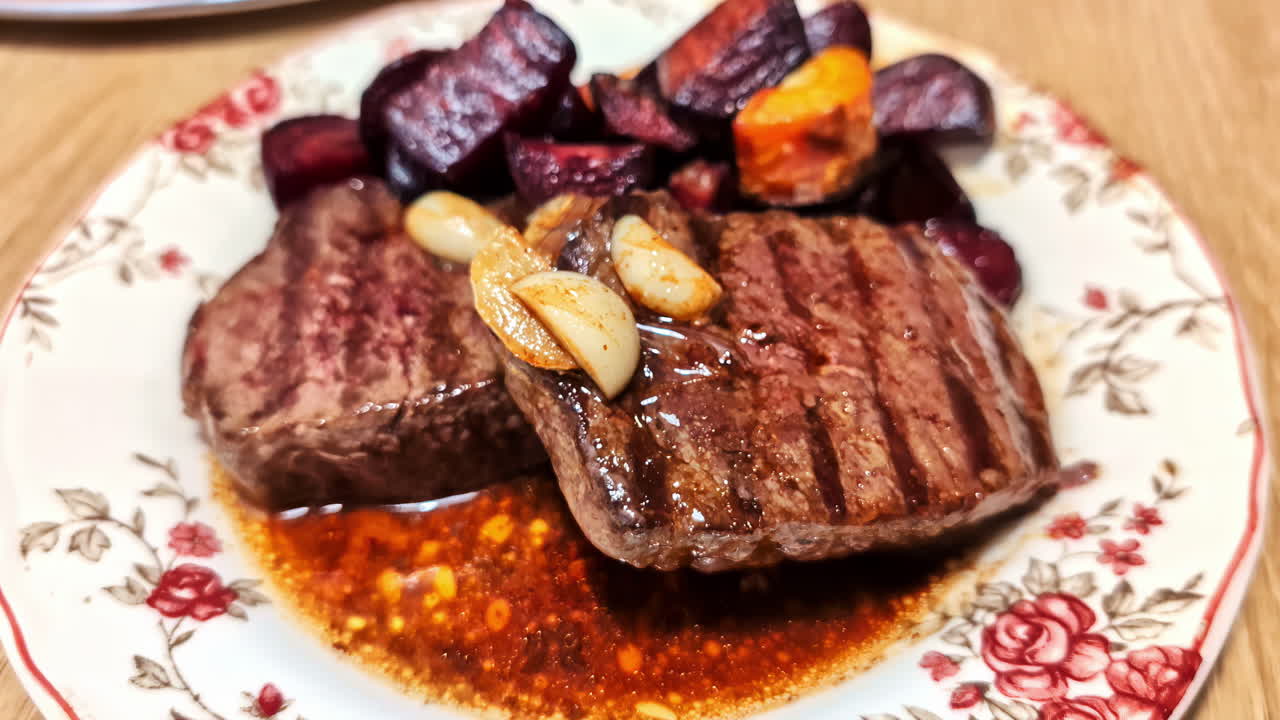 Grilled steak with roasted veggies on floral plate, Jelgava, Latvia