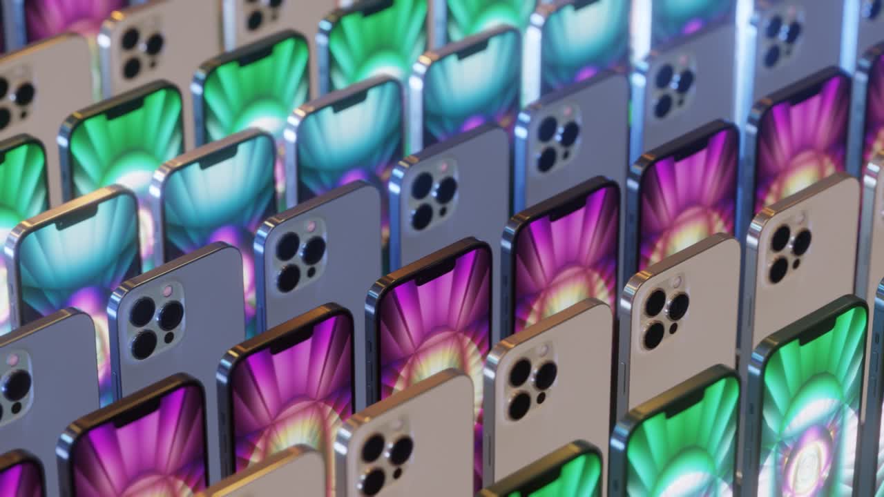 어두운 배경에서 스마트폰의 그룹. 무결한 루프. 3d 렌더링.