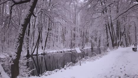 Kalter-Schneebedeckter-Fluss-Mit-Sanftem-Schneefall-Entlang-Des-Frostigen-Flussufer-winterlandschaftsweges