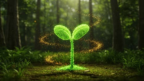 a vibrant and thriving plant is flourishing within a lush forest setting, surrounded by enchanting elements that glow beautifully in the daylight