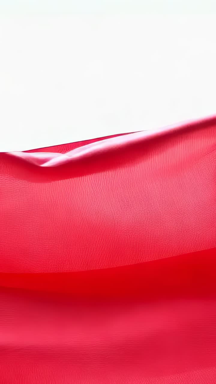 Video verticale: animazione di tessuto rosso che si gonfia, in loop in uno studio bianco, rivelando la cucitura e la trasparenza