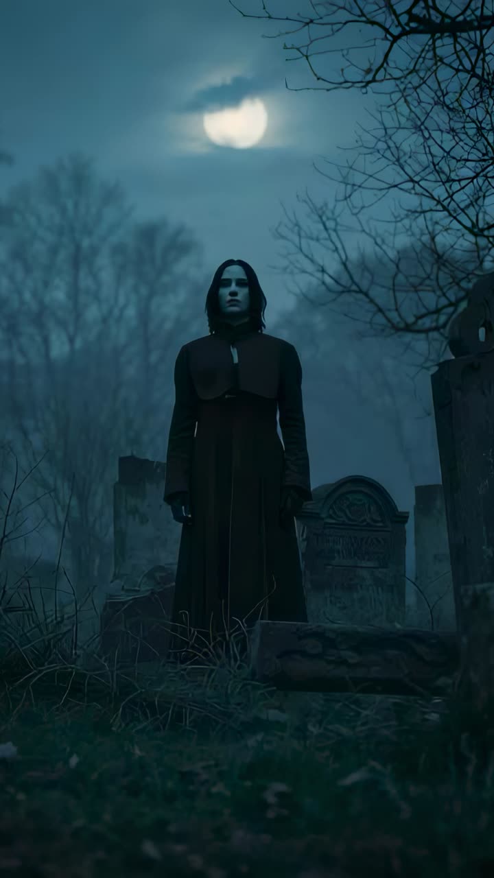 Vertical video: Moon guiding hooded woman in dark cloak stepping among tombstones in cemetery