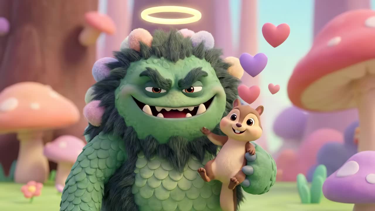 Monstro fofo de desenho animado segurando um esquilo em uma floresta fantástica