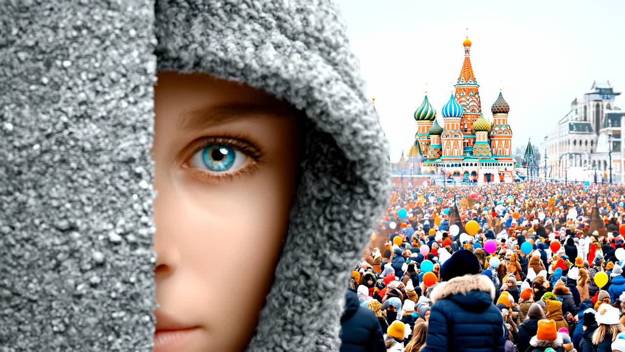 Center on the festival crowd. A child peeks from behind a wall, observing a large festival crowd near St. Basil's Cathedral