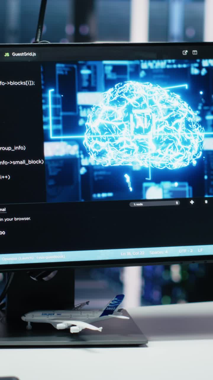 Vertical video Data center computers showing neural network visualization and code